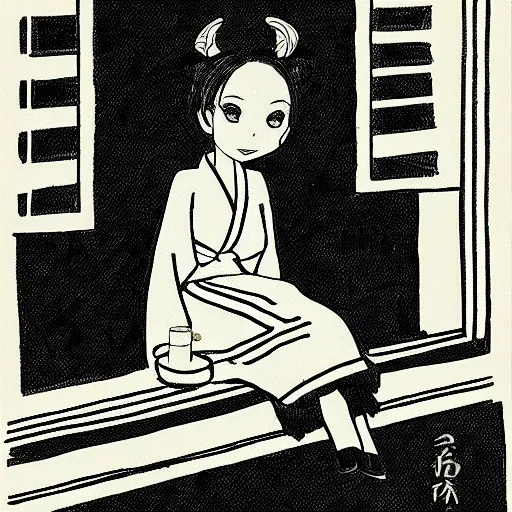 Image similar to A young lady in a kimono with almond-shaped eyes, sitting on a chair in a huge empty room, a black cat sitting on the window, a girl smiling, black and white, pencil, style