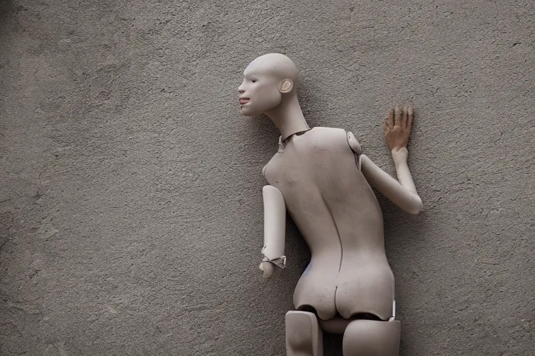 Image similar to vfx movie scene dilapidated mannequin in war torn street, natural lighting closeup by emmanuel lubezki