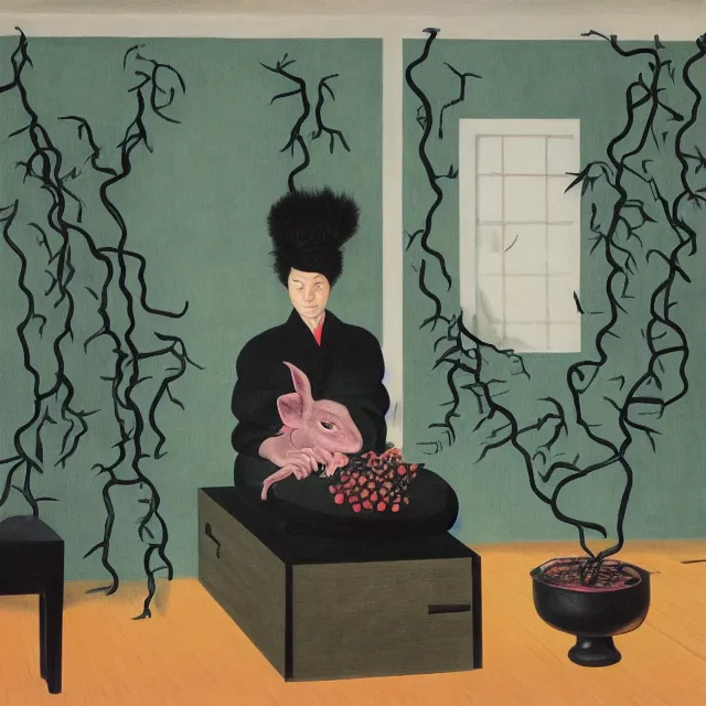 Image similar to a female pathology student in her apartment, wild berry vines, pig, black walls, ikebana, snakes, black armchair, sculpture, acrylic on canvas, surrealist, by magritte and monet