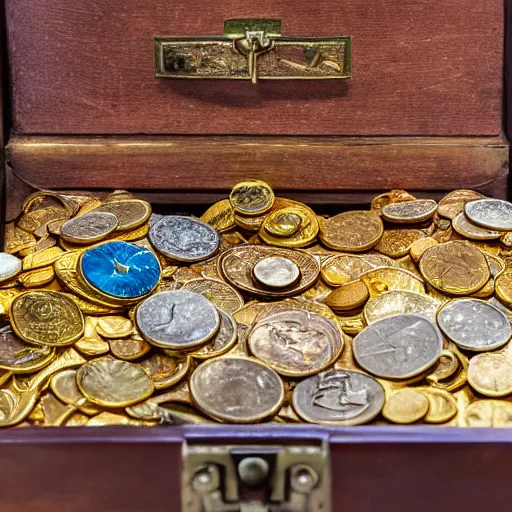 Image similar to A treasure chest filled with jewels, coins and golden artefacts, 4k, hdri, museum quality photo