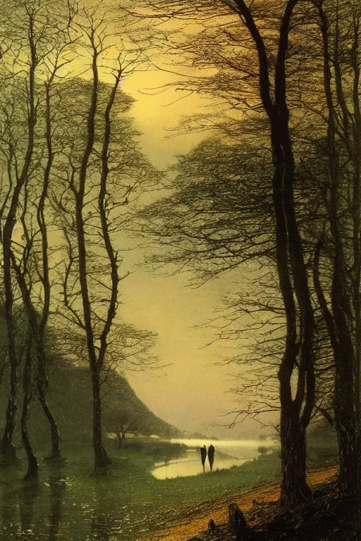 Image similar to beautiful matte painting by john atkinson grimshaw concept art fantasy path mountains and meadow in the background near a lake reflecting the trees, atmospheric lighting, painted, intricate, volumetric lighting, beautiful, rich deep colors masterpiece, sharp focus, ultra detailed by