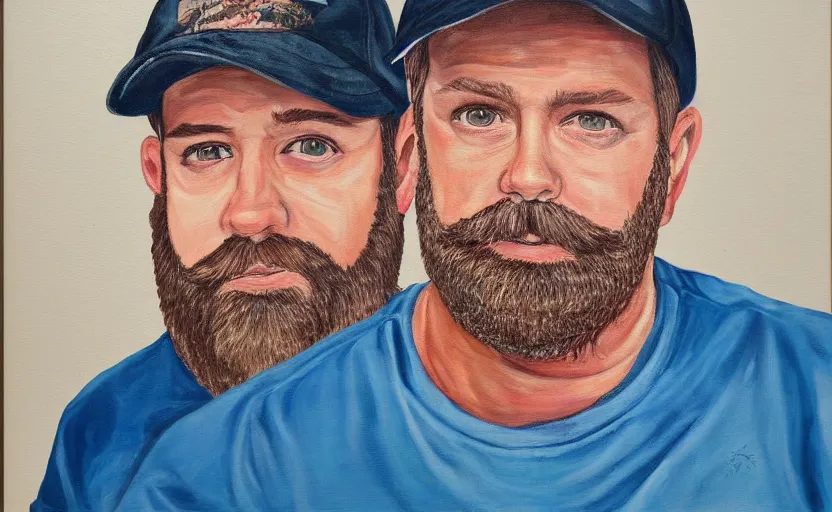 Image similar to painting of middle aged man with brown hair, white dad cap, beard in the style of martine johanna