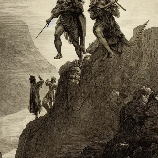 Prompt: adventurers, by gustave dore, detailed, high quality