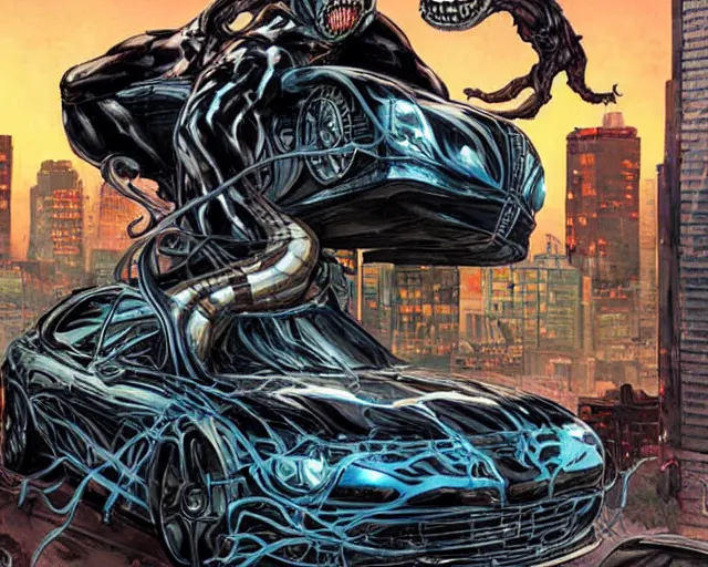 Image similar to Venom standing on top of a wrecked car in the city, open arms art by Clayton Crain and Gerardo Sandoval