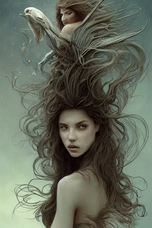 Prompt: A beautiful long-haired banshee with a human face, a fish body, and bird wings, dark fantasy, cinematic lighting, intricate, elegant, highly detailed, digital painting, artstation, smooth, sharp focus, illustration, art by artgerm and greg rutkowski and zdislav beksinski and alphonse mucha and Wayne Barlowe and william-adolphe bouguereau