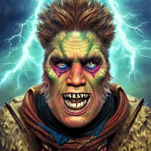 Image similar to detailed photo portrait of a Half-orc bard portrayed by Gary Busey, 8k,by tristan eaton, Stanley Artgermm,Tom Bagshaw,Greg Rutkowski,Carne Griffiths,trending on DeviantArt, face enhance,hyper detailed ,full of colour, dramatic lightning