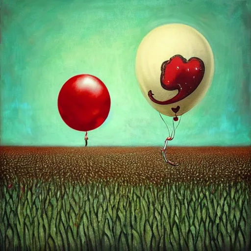 Image similar to grunge painting of a cornfield with a wide smile and a red balloon by chris leib, loony toons style, pennywise style, corpse bride style, horror theme, detailed, elegant, intricate, conceptual, volumetric light