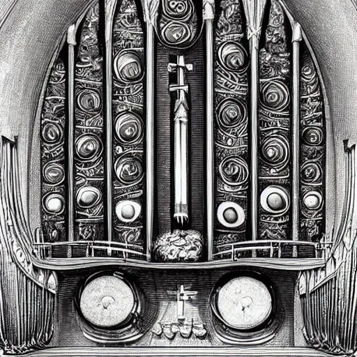 Prompt: a church organ made of organelles, detailed inner anatomy, organic music organ with organic shapes made of an artistic insanely detailed view inside the body