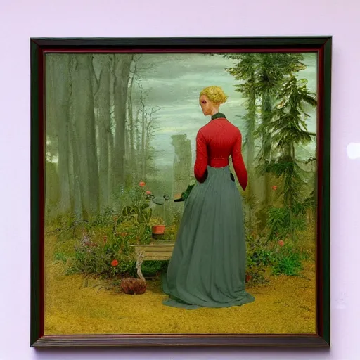 Prompt: painting by Caspar David Friedrich of a beautiful blonde woman with shoulder length hair in a forest green dress putting colorful succulents into rainbow pots at a square table