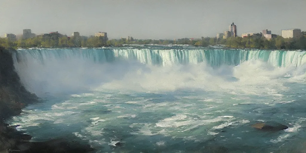 Image similar to painting of niagara falls by richard schmid, alla prima, loose gestural painterly, jeremy mann, greg manchess