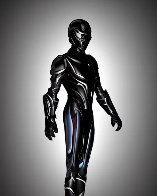 Prompt: iridescent sinewy smooth muscular male sleek glossy black pearlescent scifi armor with smooth black featureless helmet, trending on artstation