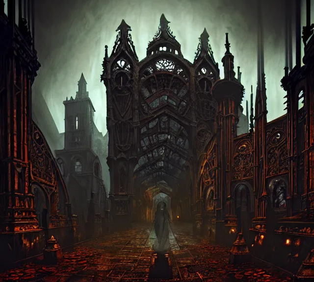 Image similar to steam necropolis, memento mori, gothic, neo - gothic, art nouveau, hyperdetailed copper patina medieval icon, stefan morrell, philippe druillet, ralph mcquarrie, concept art, steampunk, unreal engine, detailed intricate environment, octane render, moody atmospherics, volumetric lighting, ultrasharp, ominous, otherworldly