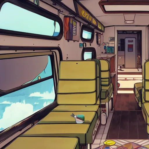 Prompt: interior of the meth rv from breaking bad, anime fantasy illustration by tomoyuki yamasaki, kyoto studio, madhouse, ufotable, square enix, cinematic lighting, trending on artstation