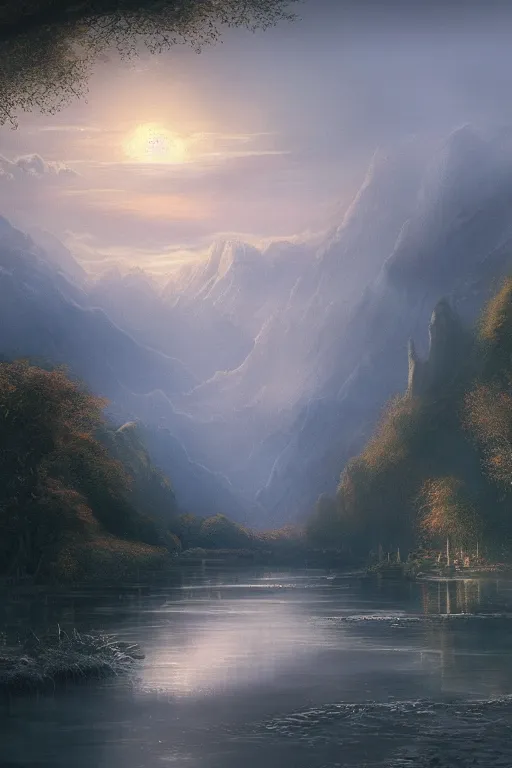 Prompt: River Anduin in the evening, detailed matte painting, cinematic, Alan Lee, Artstation