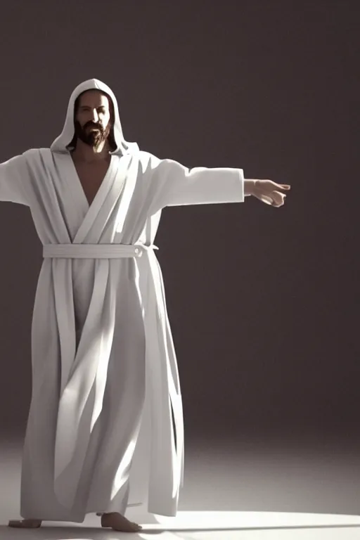 Image similar to jesus christ wearing a white robe strikes a dance pose in a hospital, intricate, hyper detailed, accent lighting, dramatic light, 4 k octane render