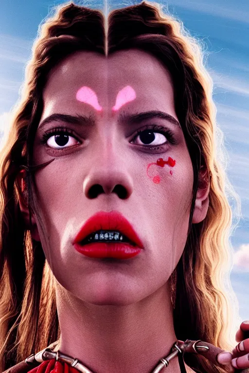 Image similar to film still of jar jar binks as a female cowgirl, long eyeslashes, big juicy lips, big seductive eyes, dramatic cinematic lighting, dolce & gabbana campaign, shot by mario testino, realistic vfx simulation, wavy red hair blowing in the wind 4 k