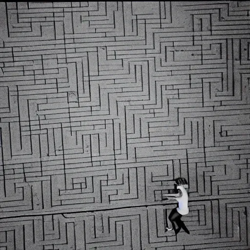 Prompt: thin, blonde women, lost on a labyrinth of concret building, photograph, 1992, Minsk