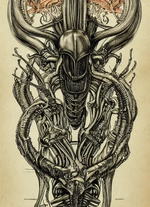 Prompt: full page scan of vintage anatomical drawing of Xenomorph, intricate details, faded colors, necronomicon style, illustration, intricate writing, symmetry, concept art