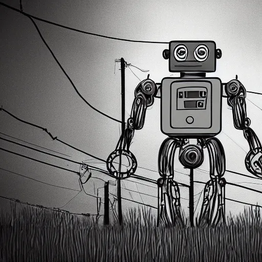 Prompt: robot with wires around the land creepy, nightmare