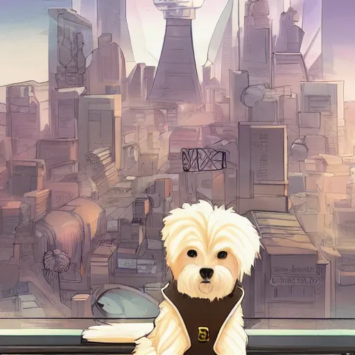 Image similar to cream colored havanese dog dressed as a super hero, looking over a futuristic city, wide shot, highly coherent, saga comic, graphic novel, fiona staples