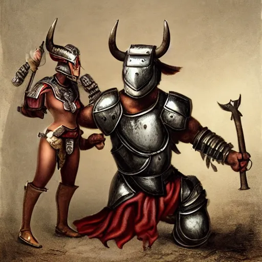 Prompt: a minotaur wearing steel plate armor and holding a mace, human dressed as a bull