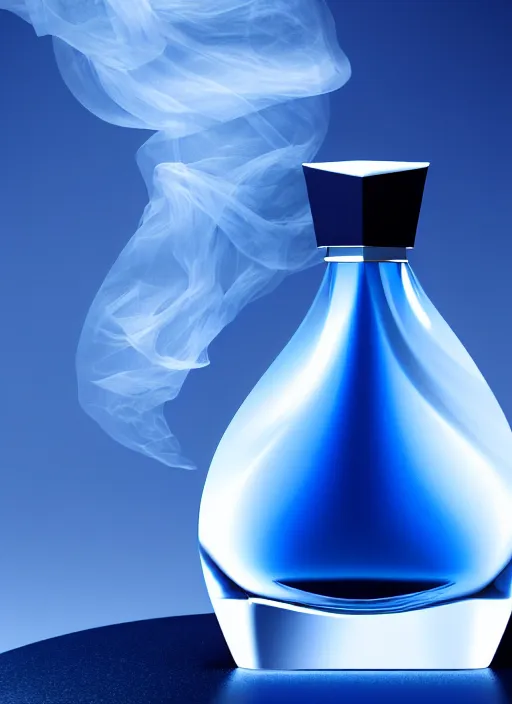 Image similar to perfume bottle standing in the center of an enchanted smokey cloud in the dark blue water, blurred background contoured smooth fair walls, up close shot, sharp focus, global illumination, radiant light, zaha hadid, irakli nadar, octane highly render, 4 k, ultra hd,