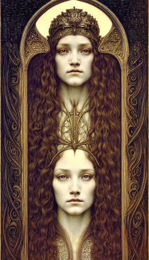 Image similar to detailed realistic beautiful young medieval queen face portrait by jean delville, gustave dore and marco mazzoni, art nouveau, symbolist, visionary, gothic, pre - raphaelite. horizontal symmetry