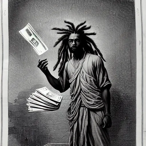 Image similar to young black man with freeform dreadlocks holding stacks of cash, biblical image, style of gustave dore, highly detailed, beautiful, high contrast, black and white