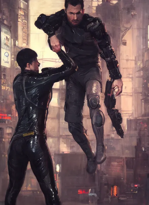 Image similar to bruce wayne teaching self defense. cyberpunk mercenary in a cyberpunk jumpsuit ( blade runner 2 0 4 9, cyberpunk 2 0 7 7 ). orientalist portrait by john william waterhouse and james gurney and theodore ralli and nasreddine dinet, oil on canvas. cinematic, hyper realism, realistic proportions, dramatic lighting, high detail 4 k