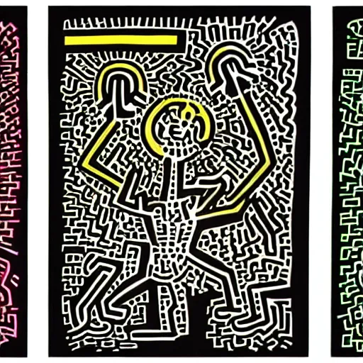 Prompt: outlaws and outsiders turn their back to the current society and create a new world in the style of keith haring