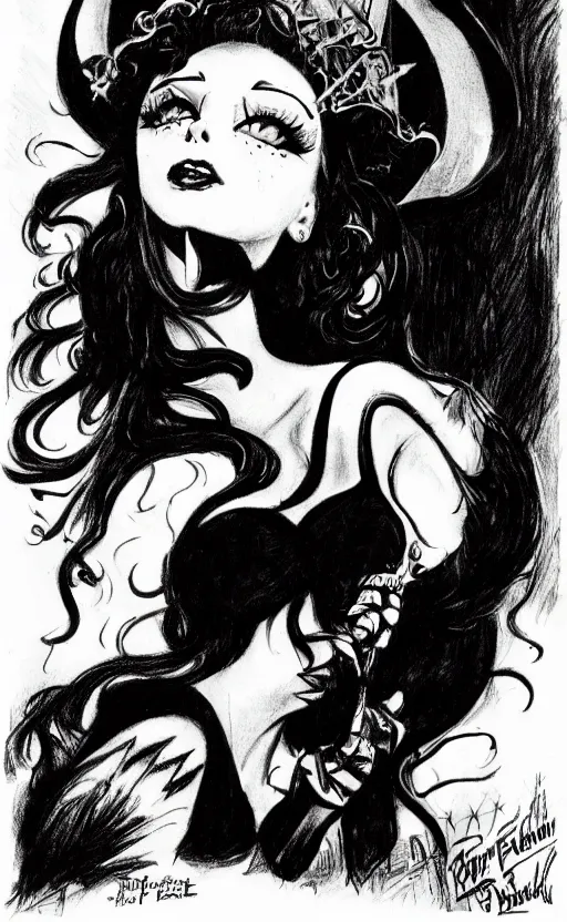 Image similar to of a witch girl burlesque psychobilly punk, detailed face, black hair, white background, drawing, illustration by frank frazetta