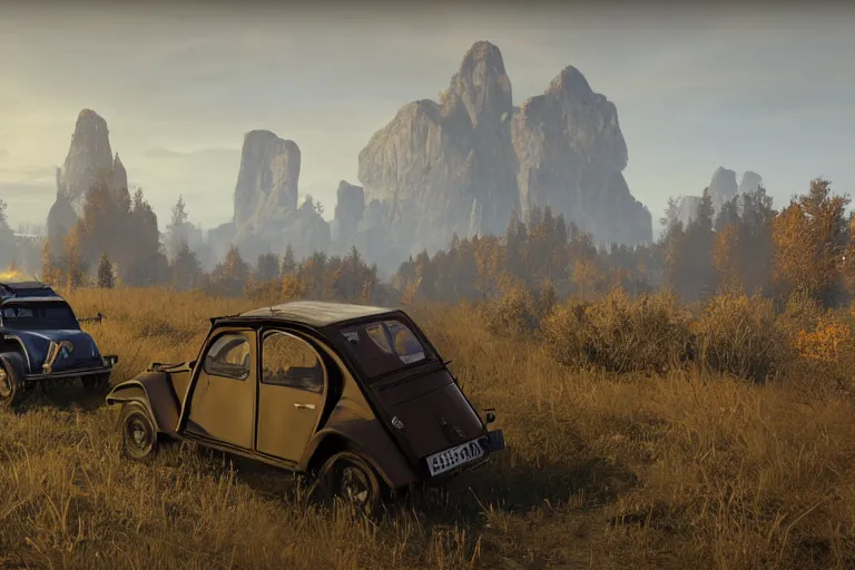 Prompt: offroad citroen 2 cv ( 1 9 6 5 ) driving across the rift, riften city in the background, epic fantasy, autumn, the elder scrolls v : skyrim, dramatic lighting, establishing shot, by simon stalenhag