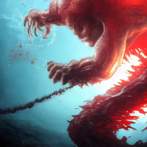 Image similar to guts from berserk submerged in red water, extremely detailed, made by wlop, maxwell boas, Sakimi chan,Naranbaatar Ganbold and Anato Finnstark