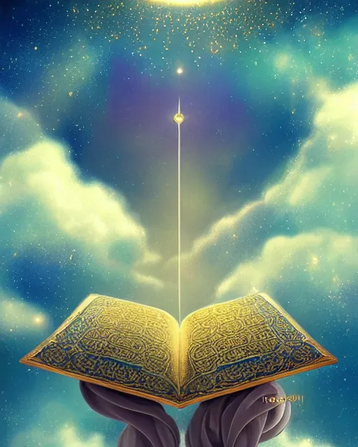 Image similar to the quran descending from the galaxy into clouds highly detailed, gold filigree, romantic storybook fantasy, soft cinematic lighting, award, pastel color palette, featured on artstation, digital art