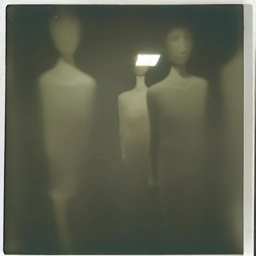 Image similar to dark room filled with shadowy mannequins with distorted features, distuburbing, horror, nightmare, terrifying, surreal, nightmare fuel, old polaroid, blurry, expired film, lost footage, found footage,