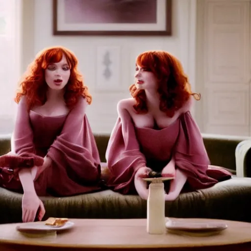 Image similar to a very surprised beautiful Christina Hendricks and her twin sister in the living room, film still from the movie directed by Denis Villeneuve with art direction by Salvador Dalí, wide lens