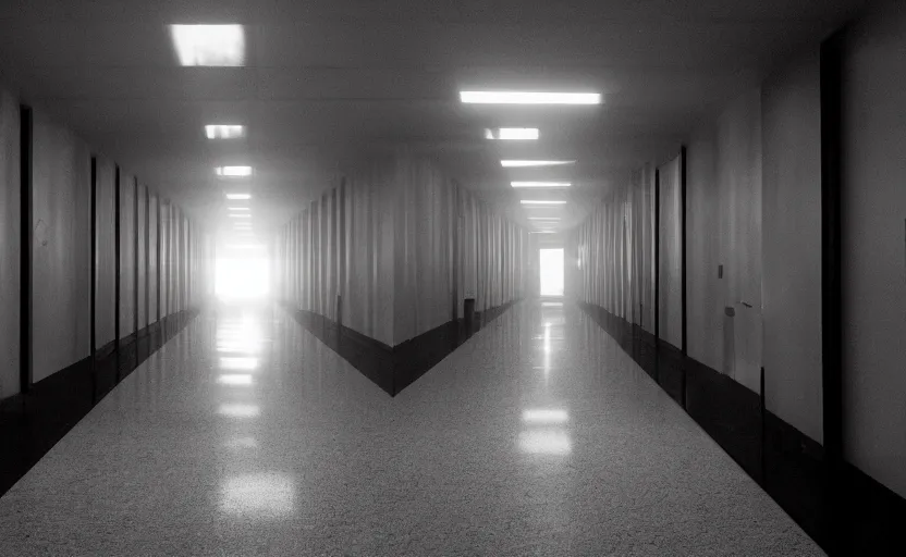 Image similar to spooky photo of an infinite hallway with open lit doorways all the way down, dramatic lighting, smoke, ceiling fluorescent lighting