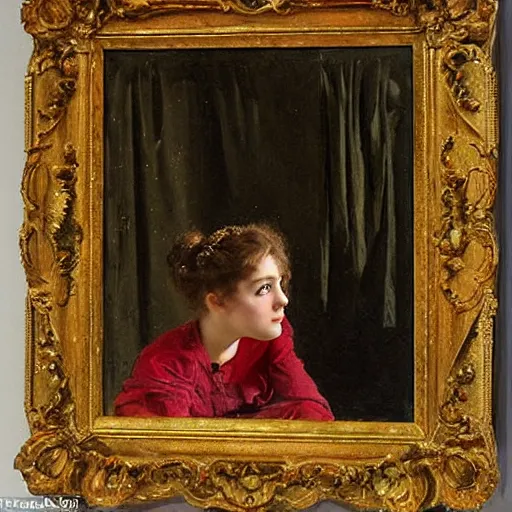 Image similar to young actress looking through the curtain in the theatre by alfred stevens