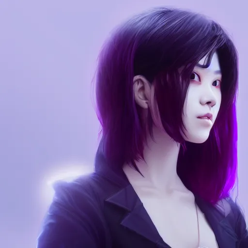 Prompt: Close up portrait of a young Asian Cyberpunk woman with dark purple hair wearing a filter mask, hyperdetailed, artstation, cgsociety, 8k