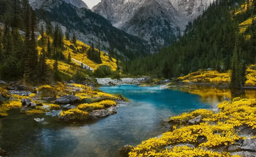 Image similar to photo of epic alpine lake landscape in spring, first light, small amount of yellow flowers, cinematic, cinematic, art by michael shainblum,