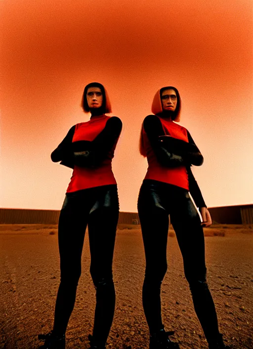 Prompt: photographic portrait shot on cinestill 5 0 d of two loving clones in front of a brutalist dark metal facility, techwear women on a desolate plain with a red sky, diverse, dust storm, 3 5 mm, 8 k, depth of field, high resolution, ultra realistic faces