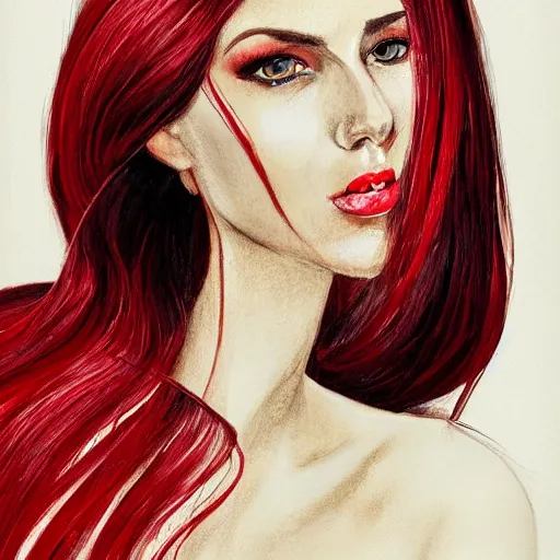 Prompt: an exquisite portrait illustration, a woman with long hair and red dress, white and flawless skin, heavy makeup, thick paint, brush strokes, white background