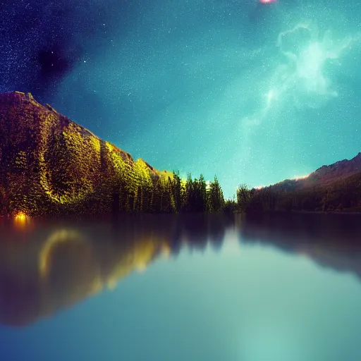 Image similar to lake made of the eternal that is reflecting the cosmos at night with countless stars, superior quality, intricate quality, viscous liquid, surreal, highly detailed, real camera, real photo, award winning quality, 8 k, art by artstation