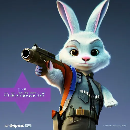 Image similar to super cute cyberpunk bunny, holding a gun, pixar, zootopia, cgi, trending on artstation