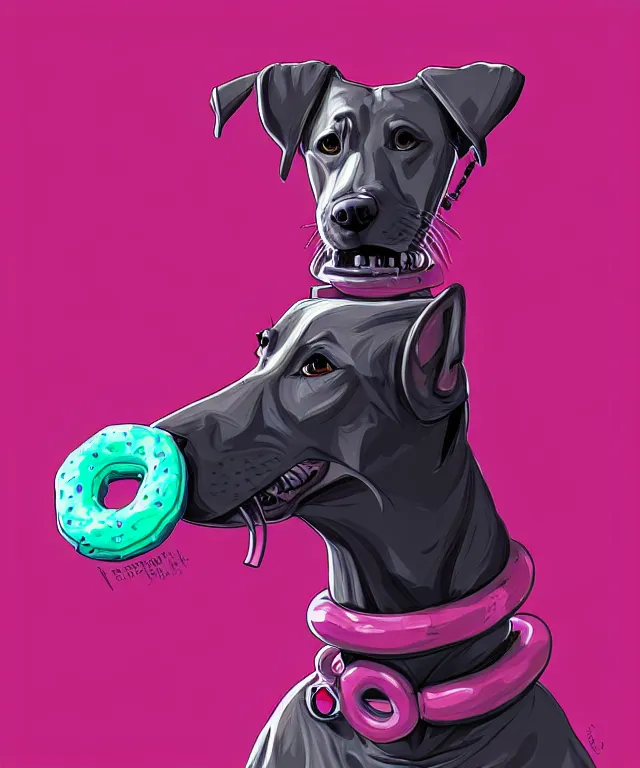 Image similar to a portrait of an anthropomorphic cyberpunk greyhound dog eating a pink donut, cyberpunk!, fantasy, elegant, digital painting, artstation, concept art, matte, sharp focus, illustration, art by josan gonzalez