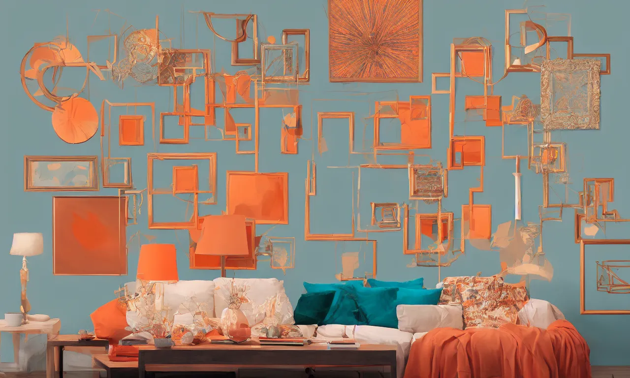 Image similar to 4 painting frames on a room wall, geometric arrangements, night time, illuminated lampstands, beautiful volumetric lighting, smooth, soft teal and orange colors, photorealism