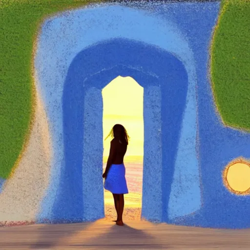 Image similar to a woman facing an portal on the street. the street leads dozen a city. the portal is oval, upright and surrounded by blue energy. the portal leads to a beach at sunset