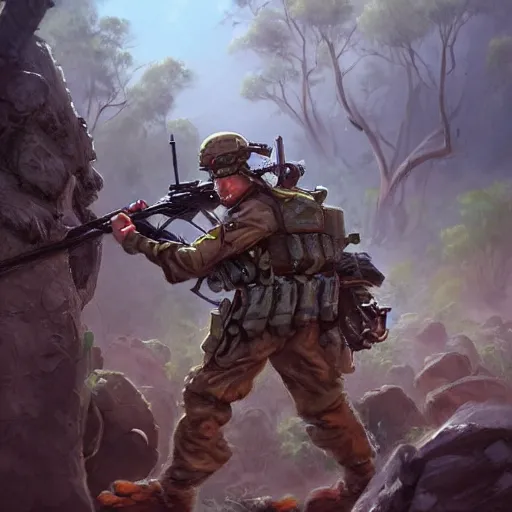 Image similar to An Australian Soldier Being Dragged by Emu Regiments, Fantasy Illustration by Tony Sart, Trending on artstation