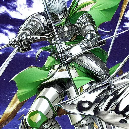 Prompt: knight in green car, blue armor, gold sword, dragon attack, low angle, action, manga panel, ONE, Murata, Berserk