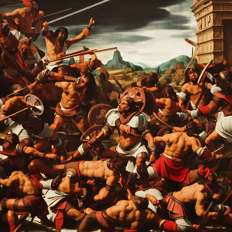 Image similar to ,The Spanish conquistadors fighting the Aztecs, dreamlike atmosphere, symmetrical baroque painting, perfect composition, amazingly detailed octane rendering, beautiful, detailed, intricate, trending on Artstation, 8K fine art photography, photorealistic, natural volumetric cinematic perfect light soft, chiaroscuro, award-winning photography, masterpiece, Raphael, Caravaggio, Greg Rutkowski, Beeple